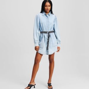 PUFF-SLEEVED DENIM SHIRT DRESS