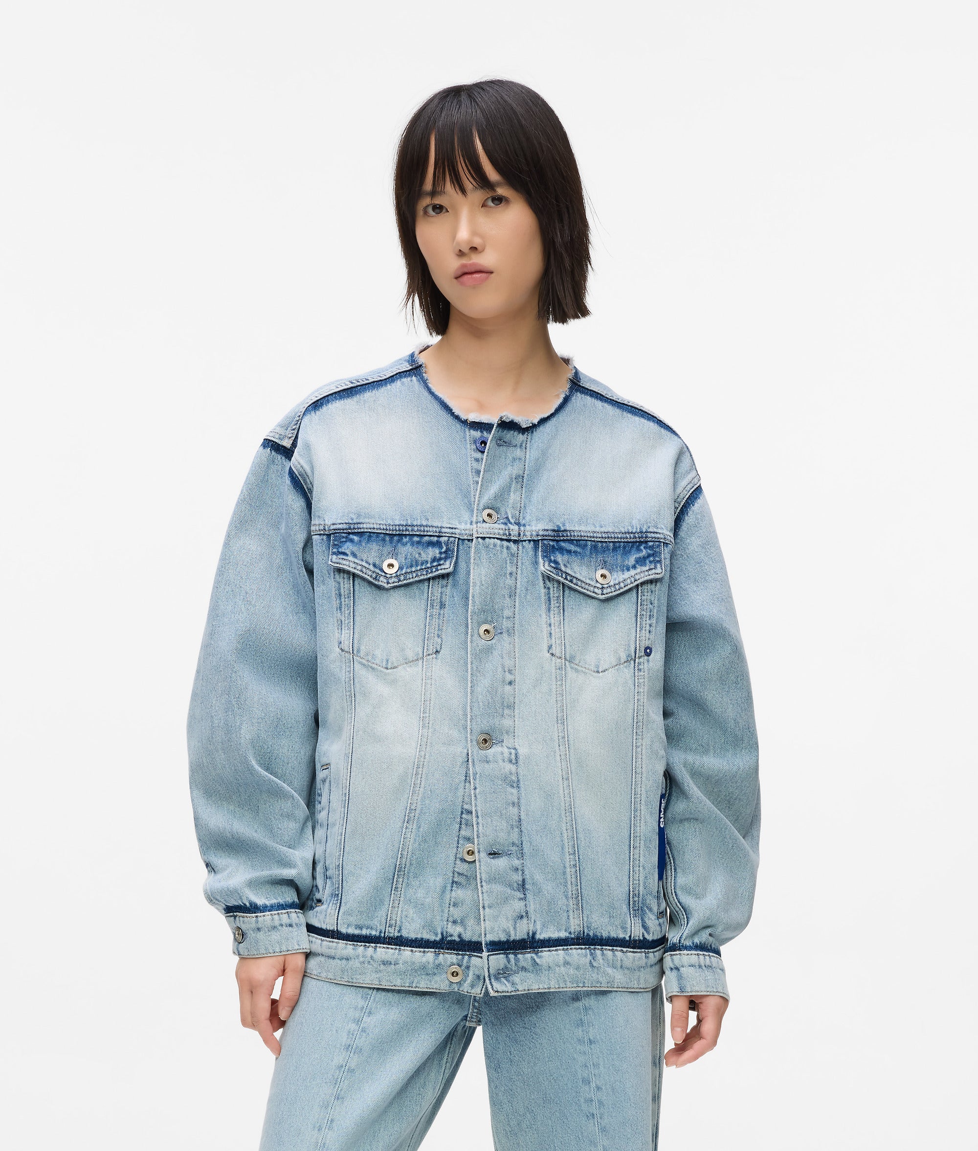 Collarless denim jacket