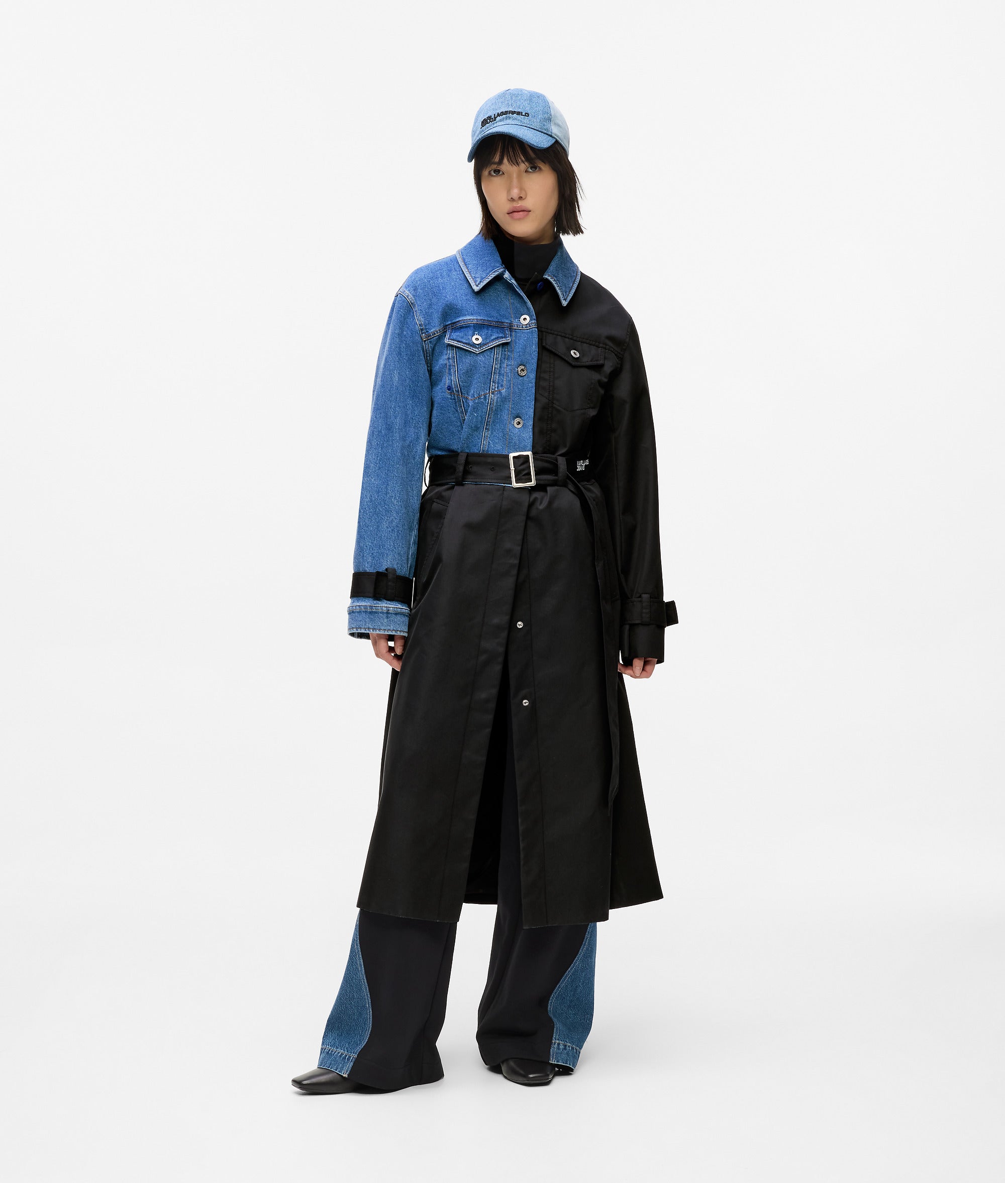 Denim panel trench coat